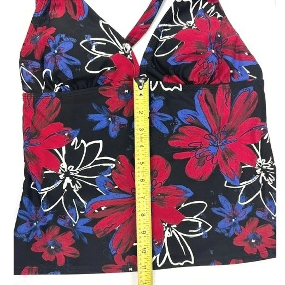 Catalina Red Floral Halter Tankini Swim Top Open Back Black Blue M 8-10 - Picture 6 of 8